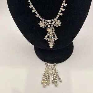 Vintage Rhinestone Necklace‎ and Clip On Earrings Set Bridal Prom Jewelry
